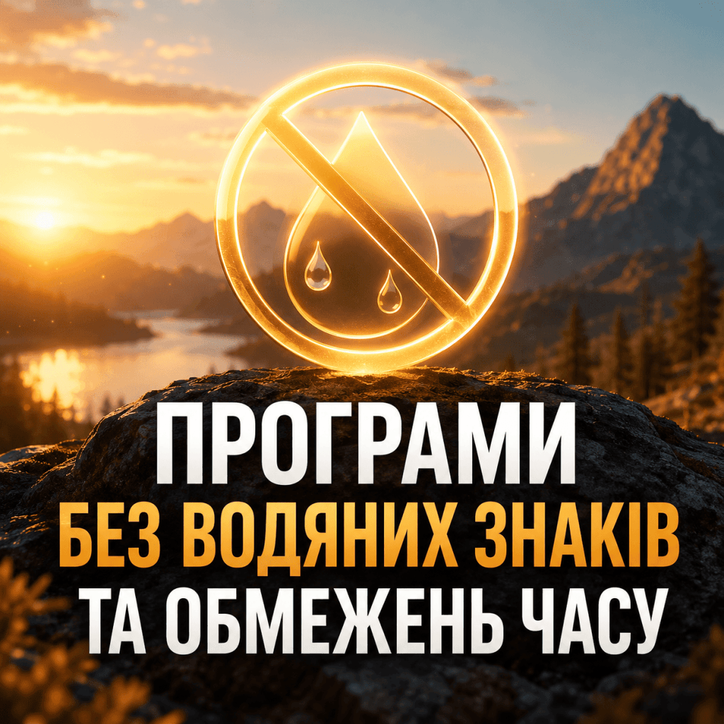Чисте відео без будь-яких зайвих логотипів, підсвічене м'яким золотим світлом, з іконкою перекресленого водяного знака.