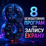 Колаж з логотипів різних безкоштовних програм для запису екрану комп'ютера, підсвічений синім неоновим світлом, на темному технологічному фоні.