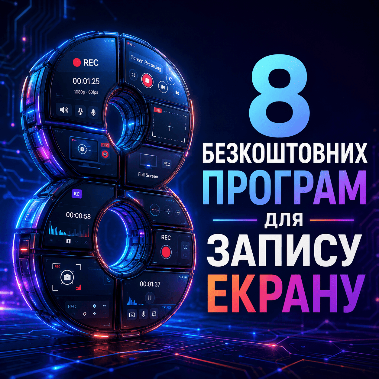 Колаж з логотипів різних безкоштовних програм для запису екрану комп'ютера, підсвічений синім неоновим світлом, на темному технологічному фоні.