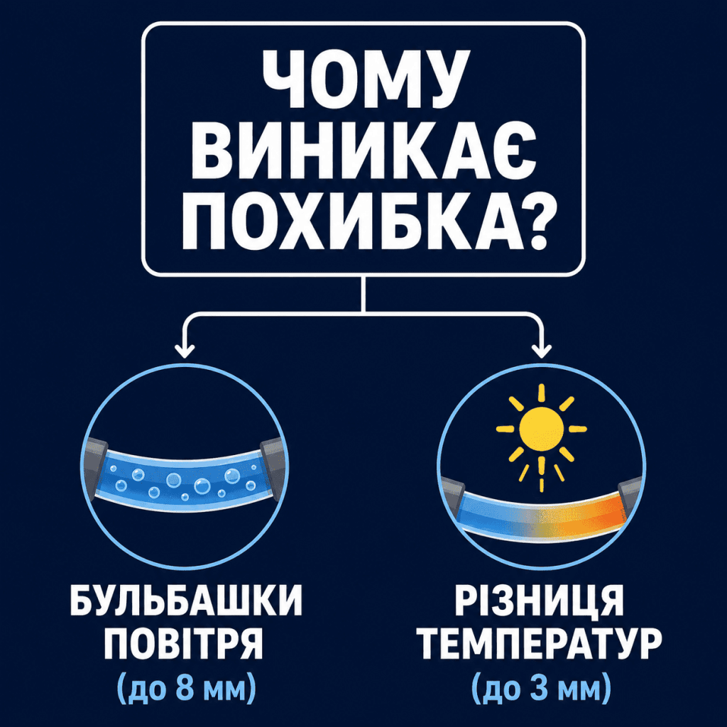 Інфографіка-діаграма головних причин виникнення похибки у водяних рівнях: бульбашки повітря та нагрівання від сонця.