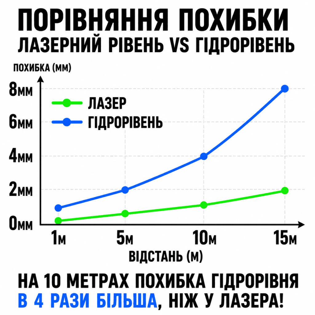 Графік зростання похибки лазерного нівеліра та водяного гідрорівня у міліметрах на відстані від 1 до 15 метрів.