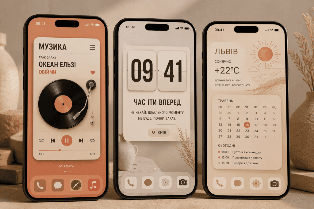 Естетичний фотоколаж трьох екранів iPhone з кастомізованими віджетами в стилі iOS 17: ретро-програвач вінілу із назвою гурту Океан Ельзи, мінімалістичний годинник із локацією Київ та елегантна погода для міста Львів із великим жирним шрифтом українською мовою.