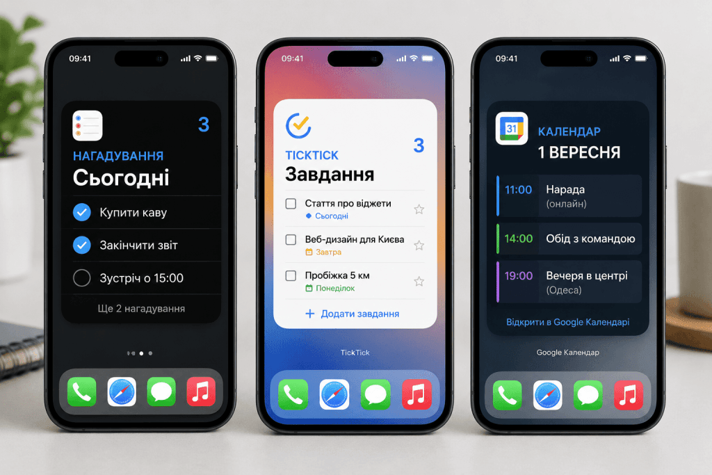 Фотоколаж скріншотів iPhone iOS 17, що демонструє інтерактивні віджети для продуктивності та планування: стандартні Нагадування із чекбоксами, таск-менеджер TickTick та розклад у Google Календарі з великим, жирним українським текстом, оптимізованим для мобільних екранів