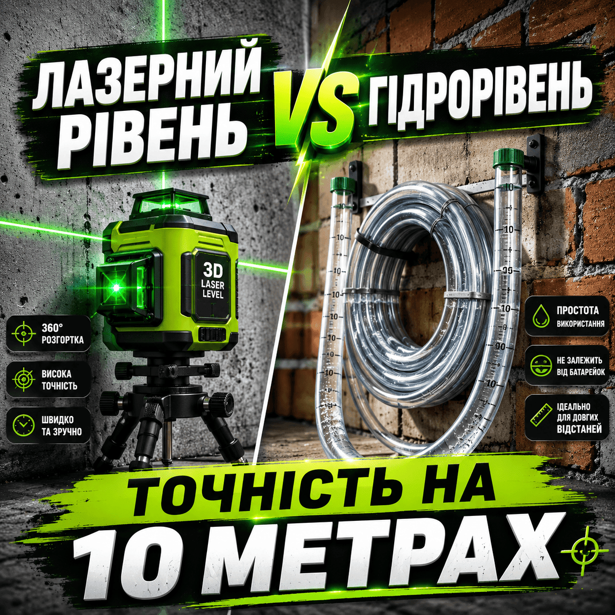 Порівняння зеленого лазерного нівеліра 3D на штативі та класичного водяного гідрорівня на тлі цегляної стіни.