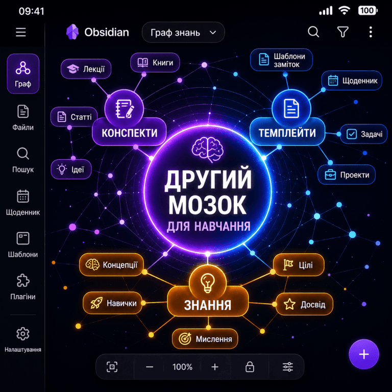 Візуалізація інтерактивного графу зв'язків у програмі Obsidian із великим центральним написом "ДРУГИЙ МОЗОК ДЛЯ НАВЧАННЯ" українською мовою.