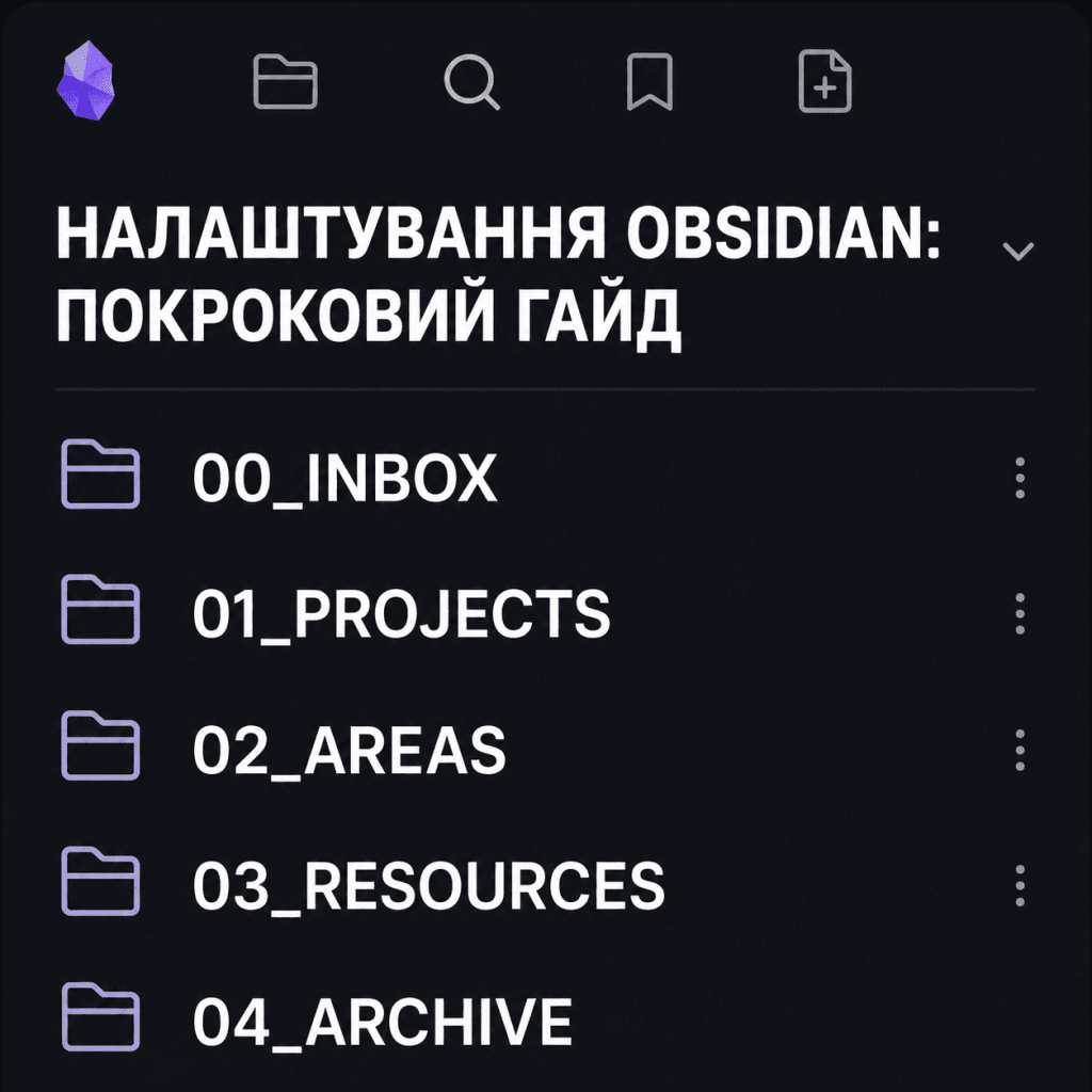 Скріншот бічної панелі інструментів Obsidian із чіткою структурою навчальних папок та заголовком "НАЛАШТУВАННЯ OBSIDIAN".