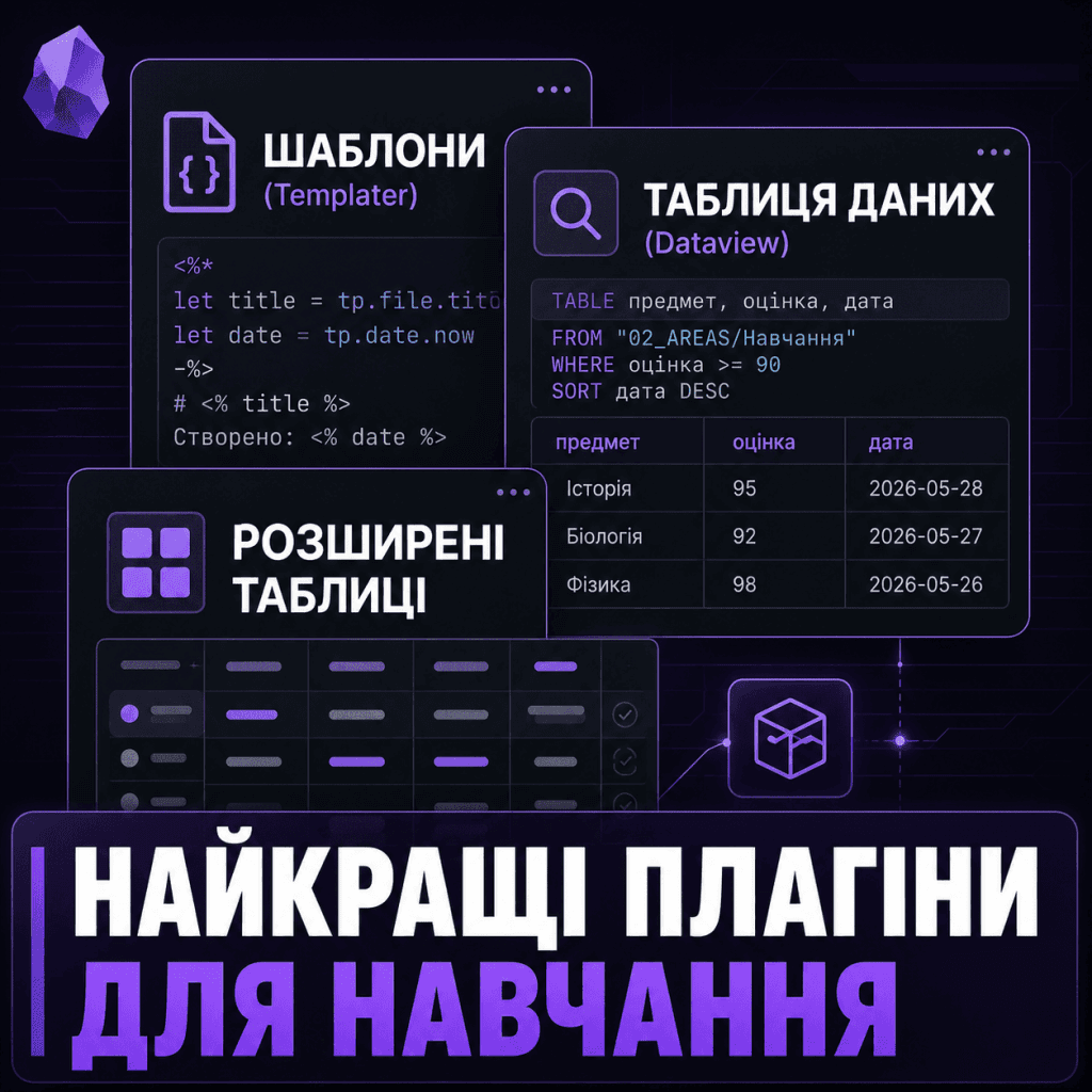 Графічний огляд інтерфейсів популярних плагінів для навчання в Obsidian із великим банером "НАЙКРАЩІ ПЛАГІНИ ДЛЯ НАВЧАННЯ".