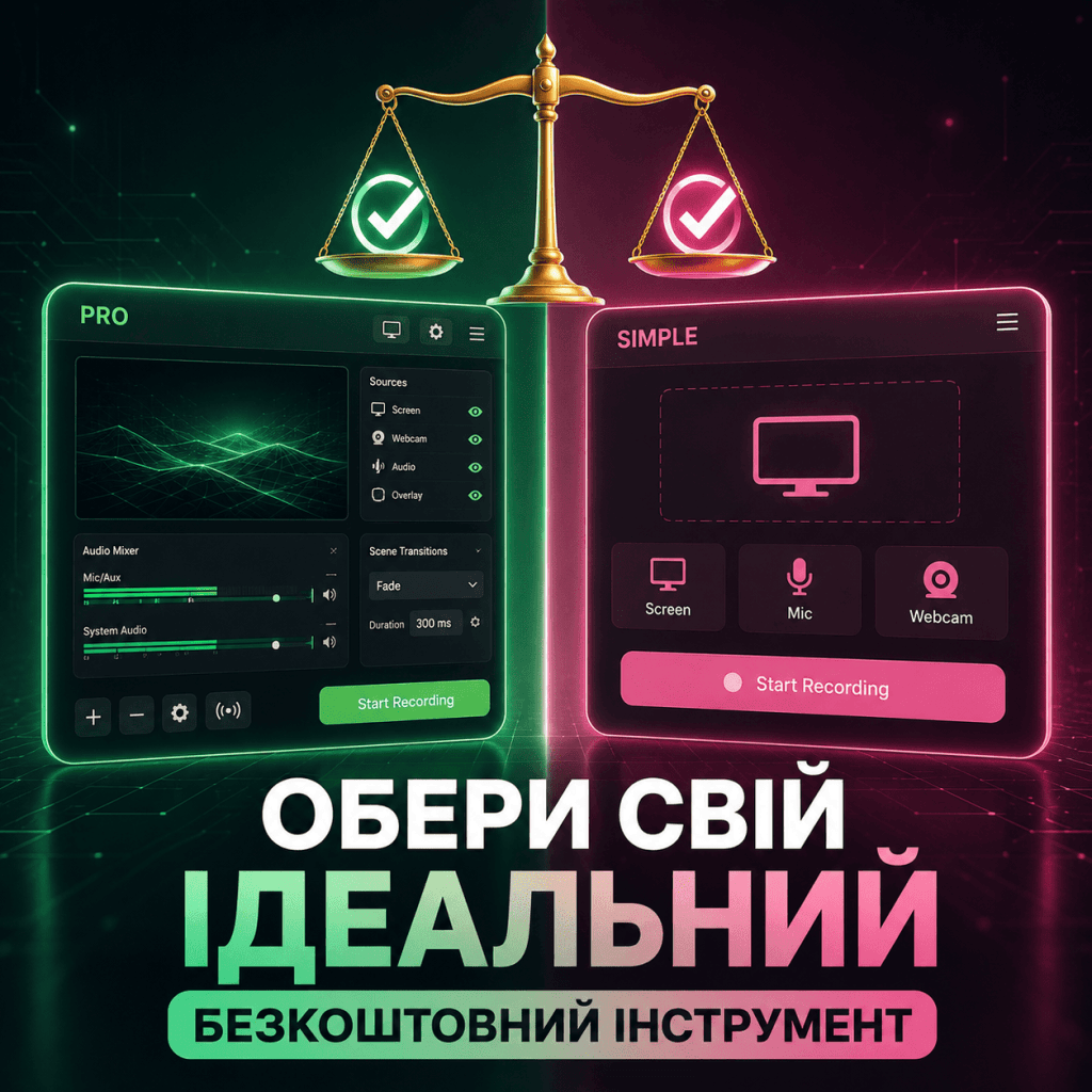 Колаж із двох розділених екранів, кожен з яких показує спрощений інтерфейс різної програми для запису, з вагами та іконкою «вибору».