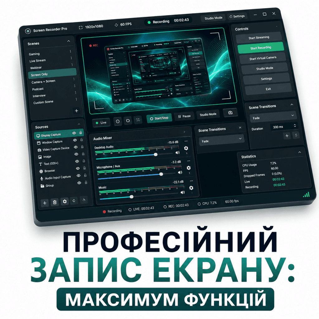 Схематичне зображення складного інтерфейсу програми для запису екрану та стрімінгу, схожої на OBS Studio, з безліччю панелей налаштувань.