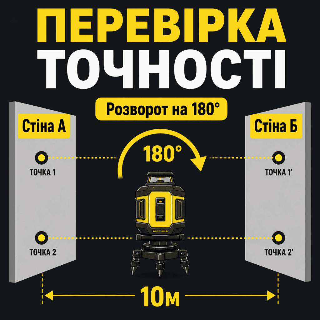 Покрокова графічна схема перевірки похибки лазерного рівня шляхом розвороту приладу на 180 градусів між двома стінами.