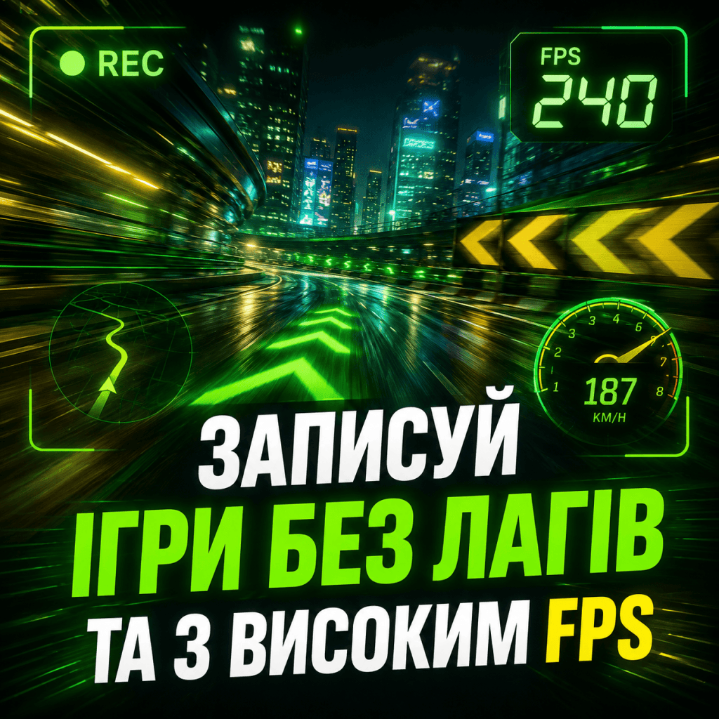Стилізоване зображення ігрового екрана з накладеним поверх нього інтерфейсом запису відео, де відображається високий показник FPS (кадрів за секунду).