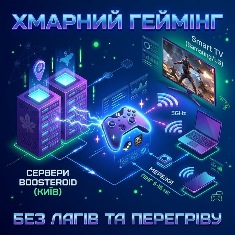 3D-ілюстрація роботи хмарного геймінгу Boosteroid в Україні з серверами у Києві та підключенням до Smart TV, ПК та смартфонів.